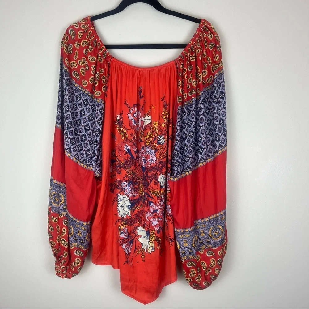 FREE PEOPLE Positano Floral Patchwork Print Boho Long Sleeve Blouse size Large